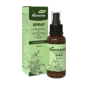 Nemanex spray bio pour soutien immunitaire, stress oxydatif et santé intestinale, sans sucre ajouté, format 30 ml, complément alimentaire naturel et sans OGM.